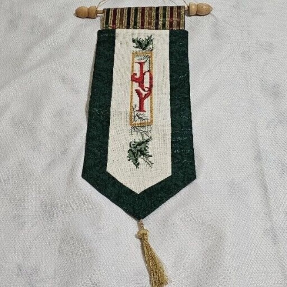 Christmas JOY Handmade Satin & Cross Stitch Banner 20"L rich color wall hanging